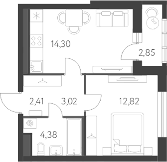 Планировка 2Е-к.кв, 38,3 м² в ЖК Новая Олимпика