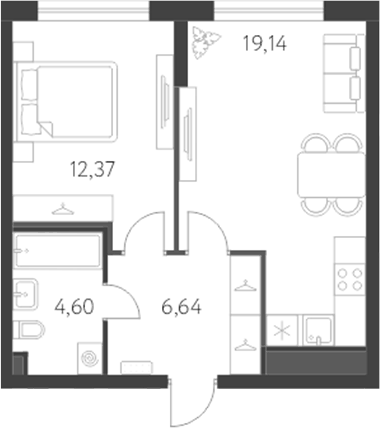 Планировка 2Е-к.кв, 42,8 м² в ЖК Новая Олимпика
