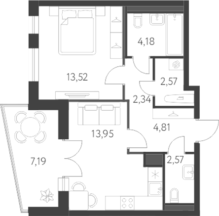 Планировка 2Е-к.кв, 47,54 м² в ЖК Новая Олимпика