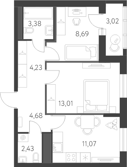 Планировка 2-к, 49 м² в ЖК Новая Олимпика