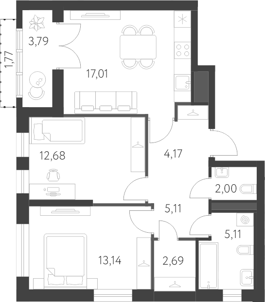 Планировка двухкомнатной квартиры 64,34 м² в ЖК Новая Олимпика, Екатеринбург: кладовая 2,69 м² и два санузла, кухня-гостиная 17,01 м² с лоджией