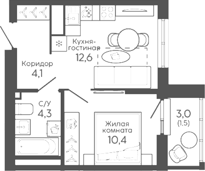 Планировка 1-к.кв, 32,9 м² в ЖК Новокольцовский