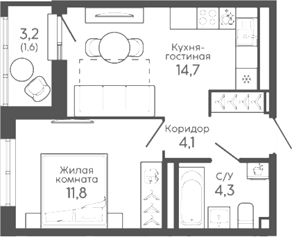Планировка 1-к.кв, 36,5 м² в ЖК Новокольцовский