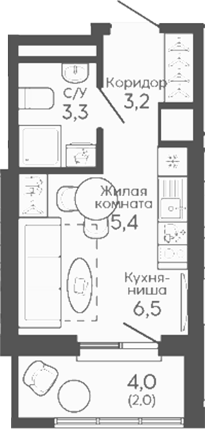Планировка Студия, 20,4 м² в ЖК Новокольцовский