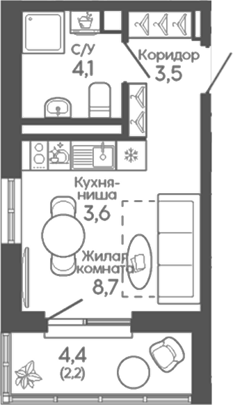 Планировка Студия, 22,1 м² в ЖК Новокольцовский