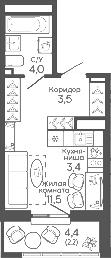 Планировка Студия, 24,6 м² в ЖК Новокольцовский