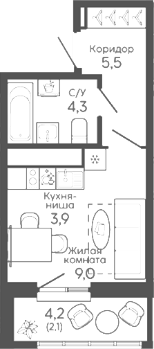 Планировка Студия, 24,8 м² в ЖК Новокольцовский