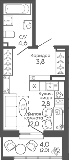 Планировка Студия, 25,2 м² в ЖК Новокольцовский