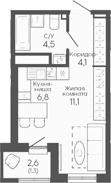 Планировка Студия, 27,8 м² в ЖК Новокольцовский