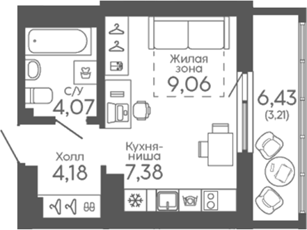 Планировка Студия, 27,9 м² в ЖК Новокольцовский