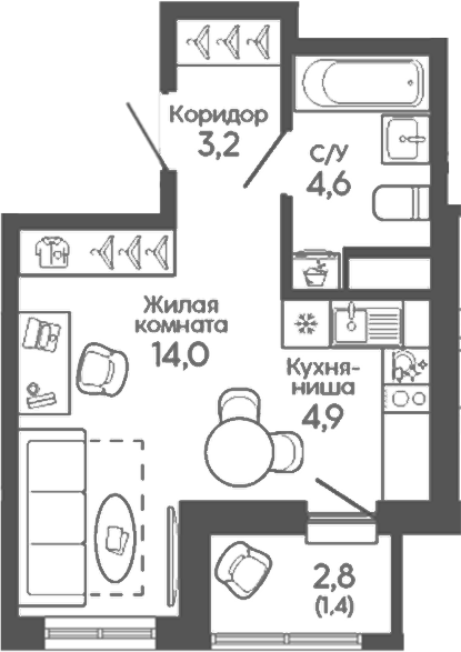 Планировка Студия, 28,1 м² в ЖК Новокольцовский