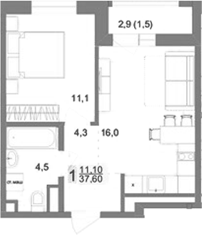 Планировка 1-к.кв, 37.6 м² в ЖК Новый ВИЗ