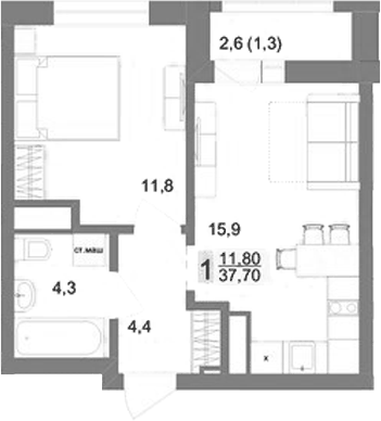 Планировка 1-к.кв, 37.7 м² в ЖК Новый ВИЗ