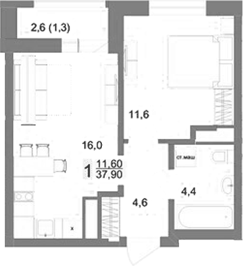 Планировка 1-к.кв, 37.9 м² в ЖК Новый ВИЗ