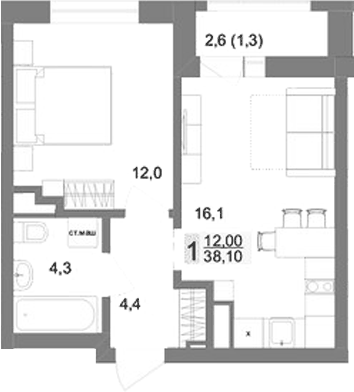 Планировка 1-к.кв, 38.1 м² в ЖК Новый ВИЗ