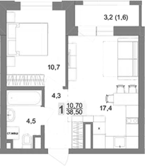 Планировка 1-к.кв, 38.5 м² в ЖК Новый ВИЗ