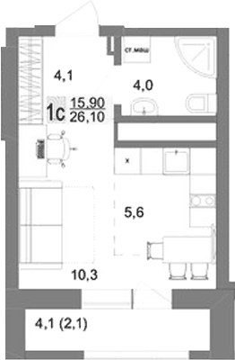 Планировка Студия, 26.1 м² в ЖК Новый ВИЗ