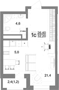Планировка Студия, 32.2 м² в ЖК Новый ВИЗ