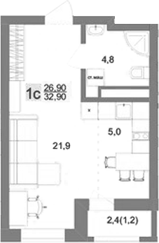 Планировка Студия, 32.9 м² в ЖК Новый ВИЗ
