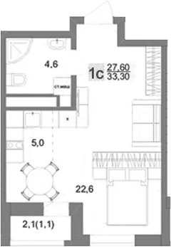 Планировка Студия, 33.3 м² в ЖК Новый ВИЗ