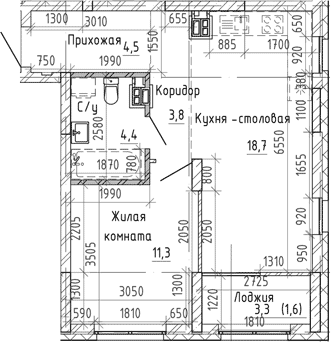 Планировка 2Е-к.кв, 44,3 м² в ЖК Ньютон парк