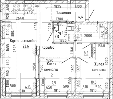 Планировка 2-к.кв, 63,4 м² в ЖК Ньютон парк