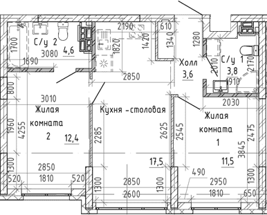 Планировка 3Е-к.кв, 53,4 м² в ЖК Ньютон парк