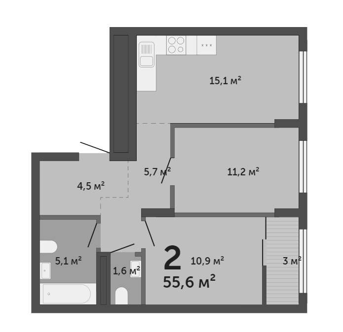 Планировка 3Е-к.кв, 58,6 м² в ЖК Ньютон парк