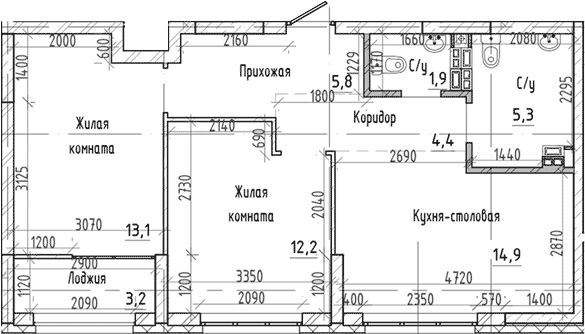 Планировка 3Е-к.кв, 59,2 м² в ЖК Ньютон парк