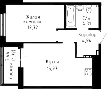 Планировка 1-к.кв, 39,46 м² в ЖК Огни Исети