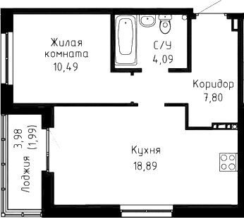 Планировка 1-к.кв, 43,26 м² в ЖК Огни Исети