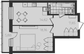 Планировка 1-к.кв, 52,3 м² в ЖК Огни Исети