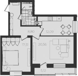 Планировка 2-к.кв, 71,3 м² в ЖК Огни Исети