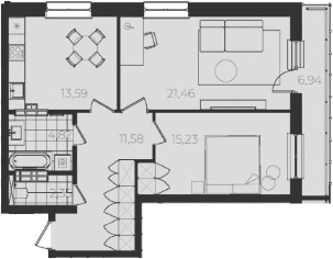 Планировка 2-к.кв, 77,9 м² в ЖК Огни Исети
