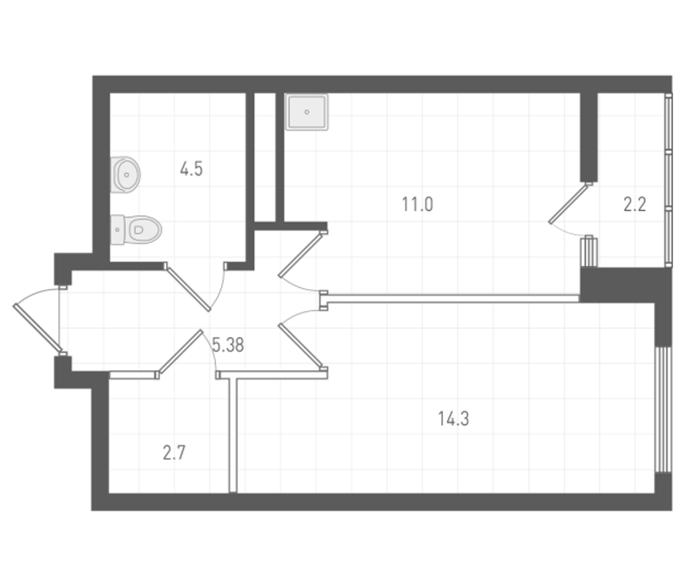 Планировка 1-к.кв, 38,9 м² в ЖК ОК: Премиум