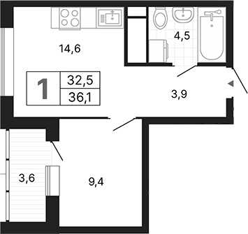 Планировка 1-к, 36,08 м² в ЖК Орбита