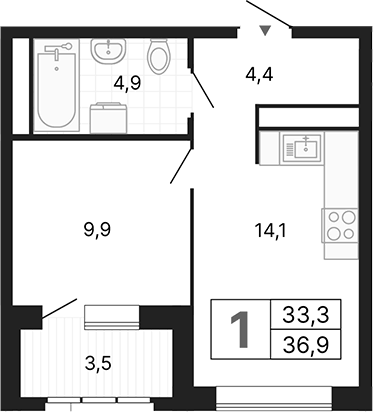 Планировка 1-к.кв, 36,91 м² в ЖК Орбита