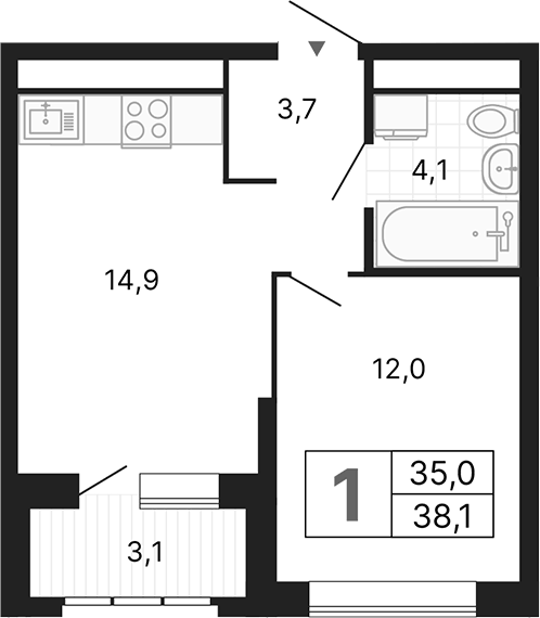 Планировка 1-к.кв, 37,65 м² в ЖК Орбита