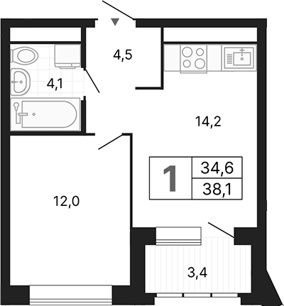 Планировка 1-к.кв, 38,07 м² в ЖК Орбита