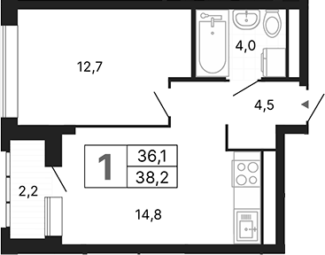 Планировка 1-к.кв, 38,22 м² в ЖК Орбита