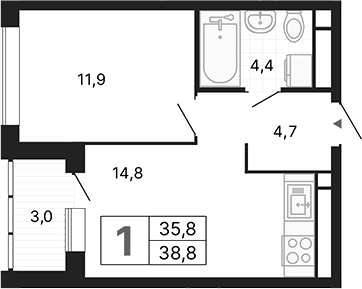 Планировка 1-к.кв, 38,79 м² в ЖК Орбита