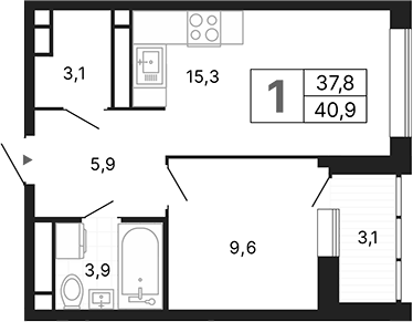 Планировка 1-к.кв, 40,88 м² в ЖК Орбита
