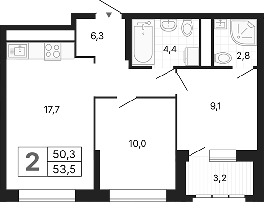Планировка 2-к, 53,23 м² в ЖК Орбита