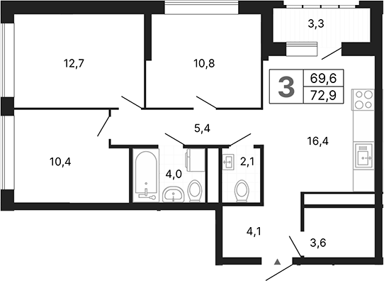 Планировка 3-к, 74,64 м² в ЖК Орбита