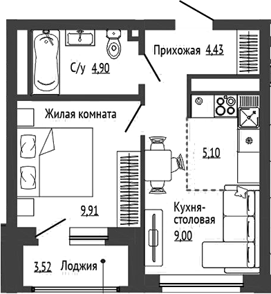 Планировка 1-к, 35,1 м² в ЖК Орбита на Титова