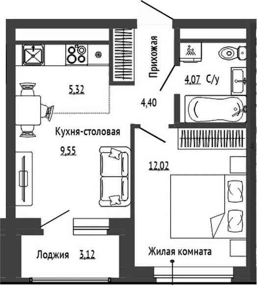 Планировка 1-к.кв, 36,48 м² в ЖК Орбита на Титова