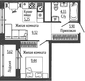 Планировка 2Е-к, 34,27 м² в ЖК Орбита на Титова