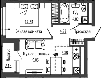 Планировка 2Е-к.кв, 37,16 м² в ЖК Орбита на Титова