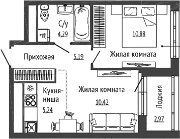 Планировка 2Е-к.кв, 37,51 м² в ЖК Орбита на Титова
