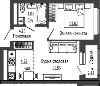 Планировка 2Е-к.кв, 37,58 м² в ЖК Орбита на Титова